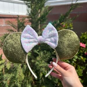 Green Velvet Mouse Ears with Sequin Bow Inspired by tinkerbell